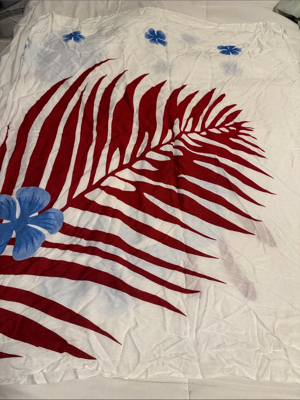 Swim cover White sarong cover up  with Red Palm Leaf and Blue Floral Accent